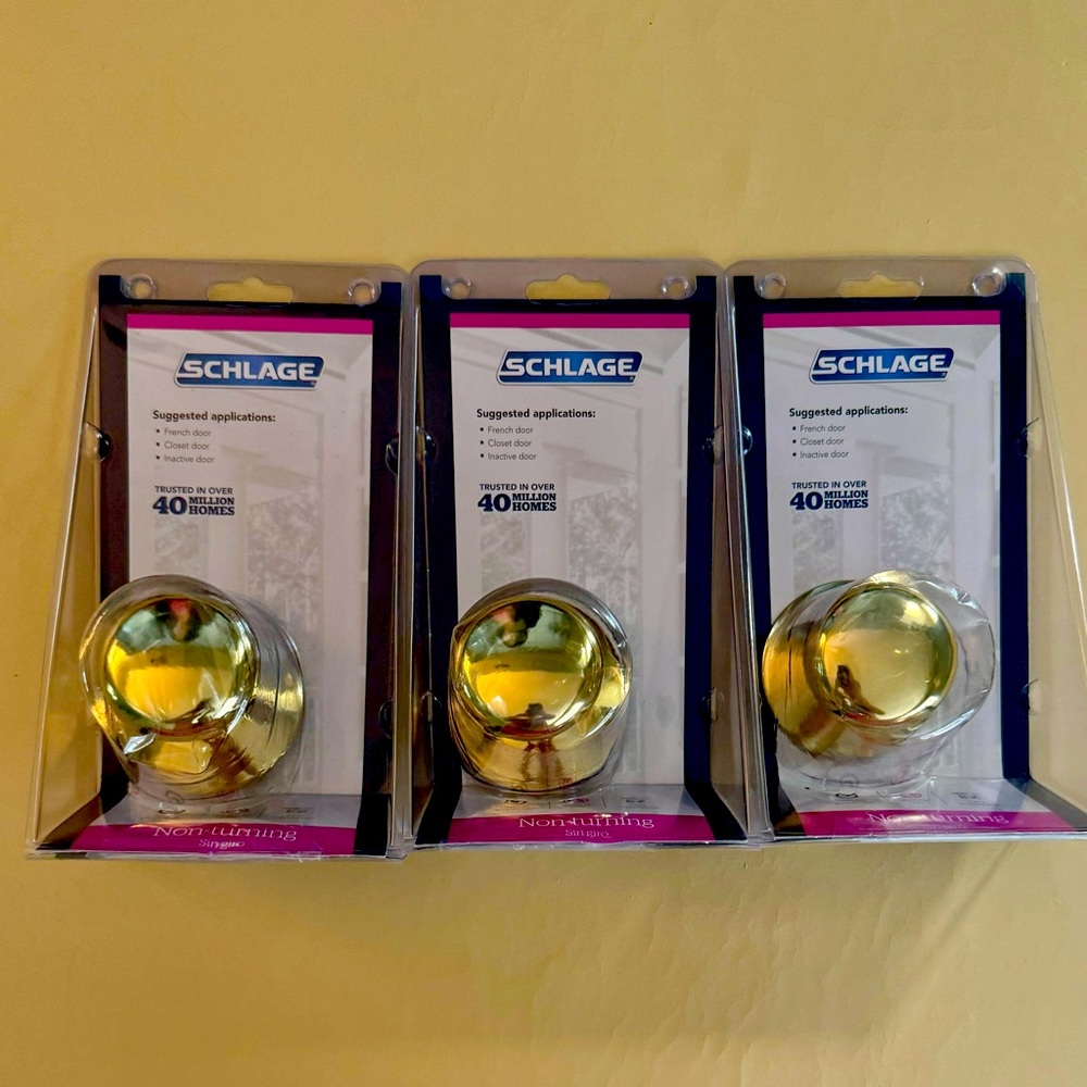 3 Schlage Bright Brass Door Handles - non-turning. Never used & in original box